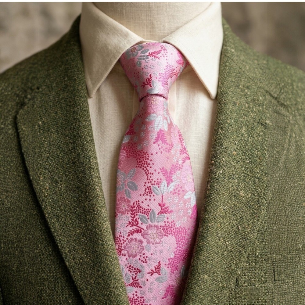 New  Pink Floral Silky Necktie Cherry Blossom Pattern Jacquard Woven Wedding Tie
